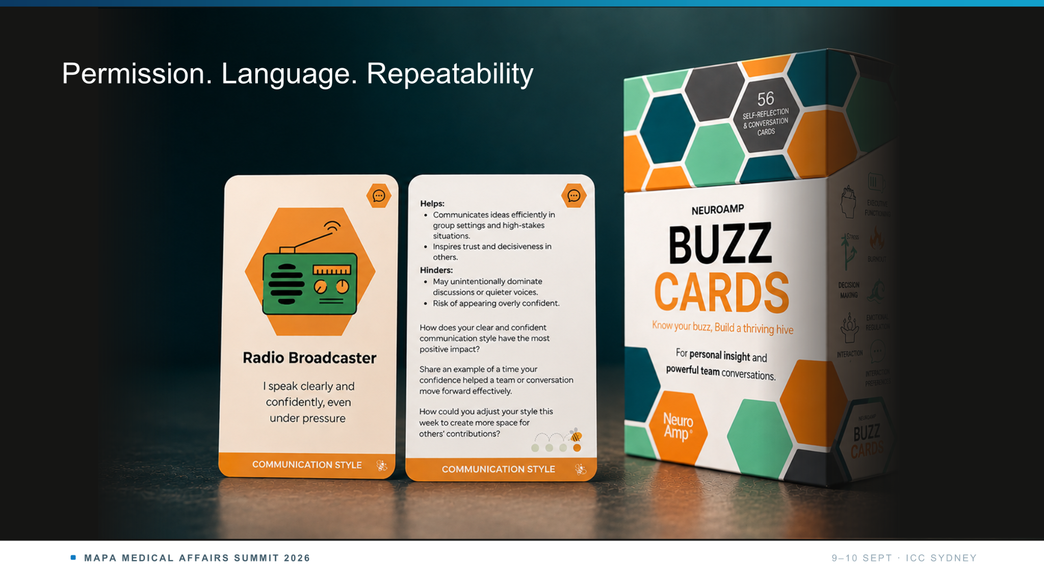 Front and back of the Radio Broadcaster communication style BUZZ Card beside the BUZZ Cards box